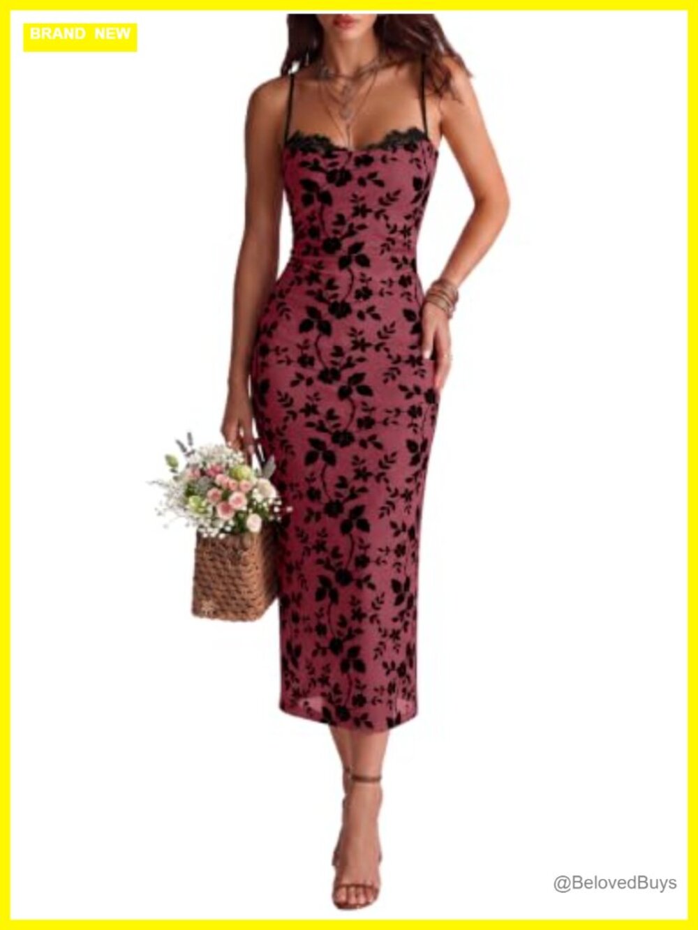 Sleeveless Bodycon Floral Midi Dress Semi Formal Spaghetti Strap